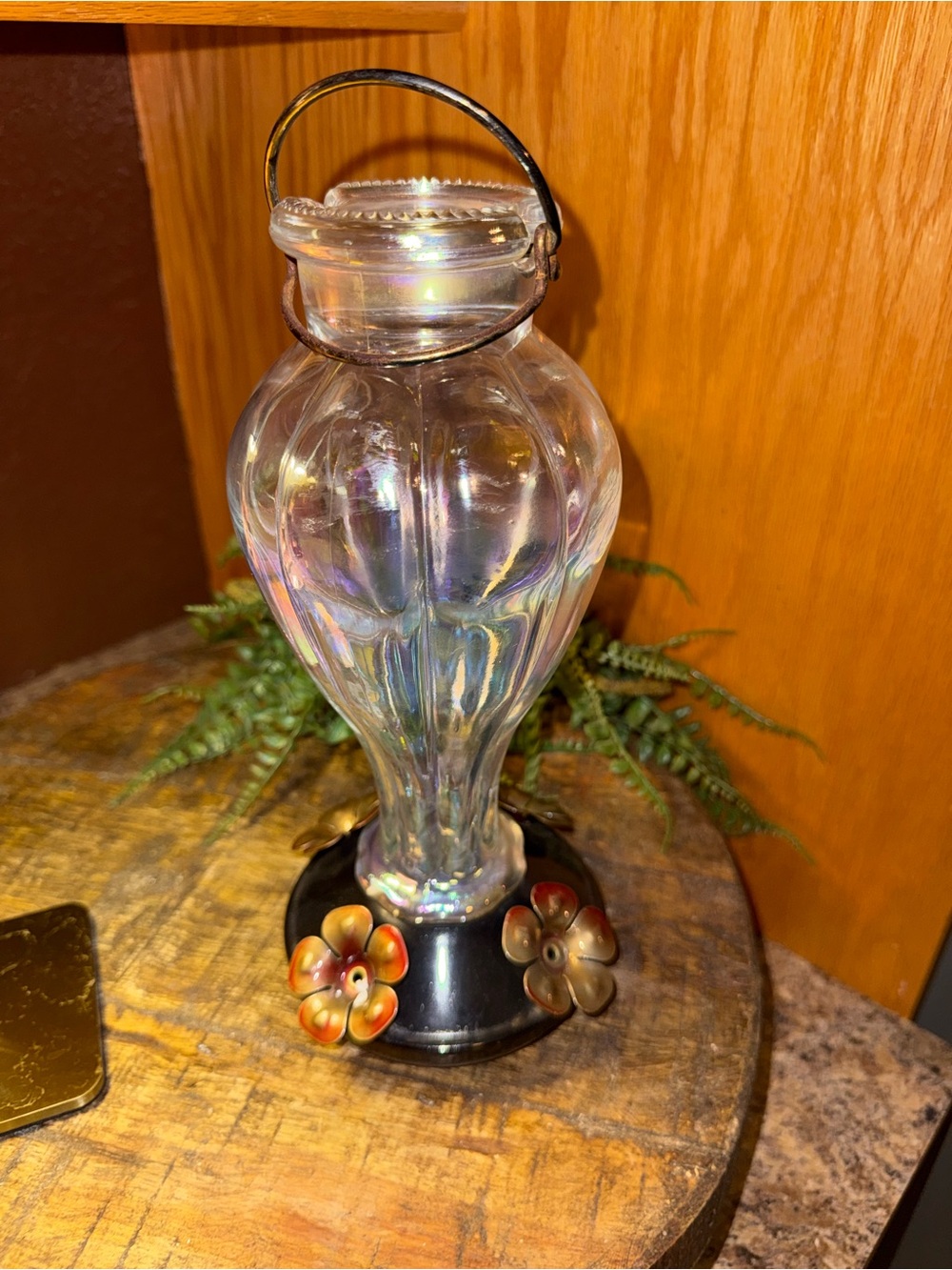 Iridescent Glass Hummingbird Feeder with Black Base